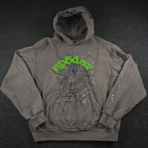 Sp5der x Young Thug Wait Web Puff Print Hoodie Grey Slime Green Stars Men's L